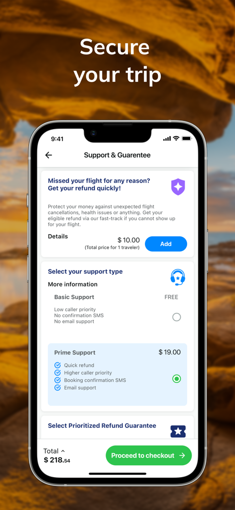 WINGIE - Book Cheap Flights - WINGIEアプリのインターフェース。フライト払い戻し保証とカスタマーサポートパッケージを表示しています。