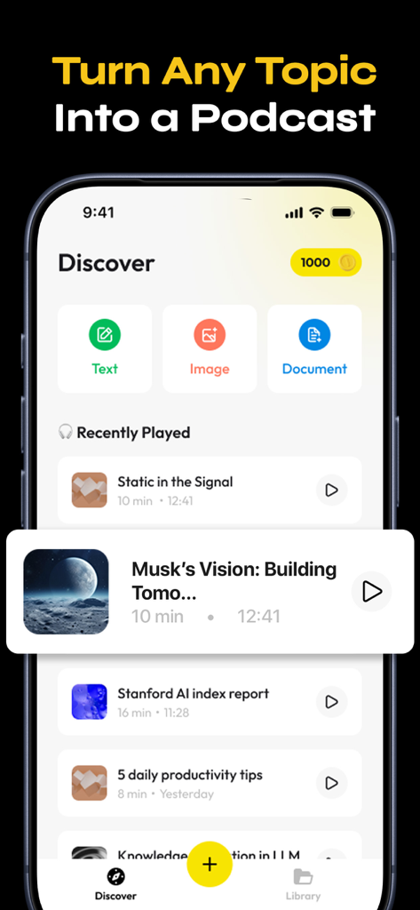 AI Podcast Generator - Podgeno - Interface of Podgeno app showing options to convert text images and documents into AI generated podcasts