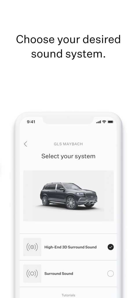 Burmester Soundcheck MB - Sound system selection screen for a Mercedes-Benz GLS Maybach in the Burmester Soundcheck MB app.