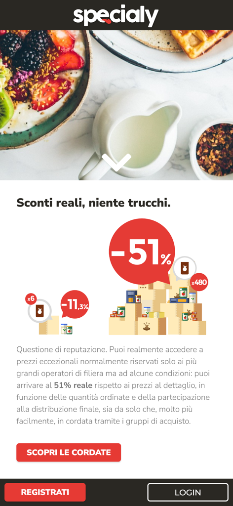 Specialy app interface showing group buying discounts of up to 51 percent for artisanal food products.