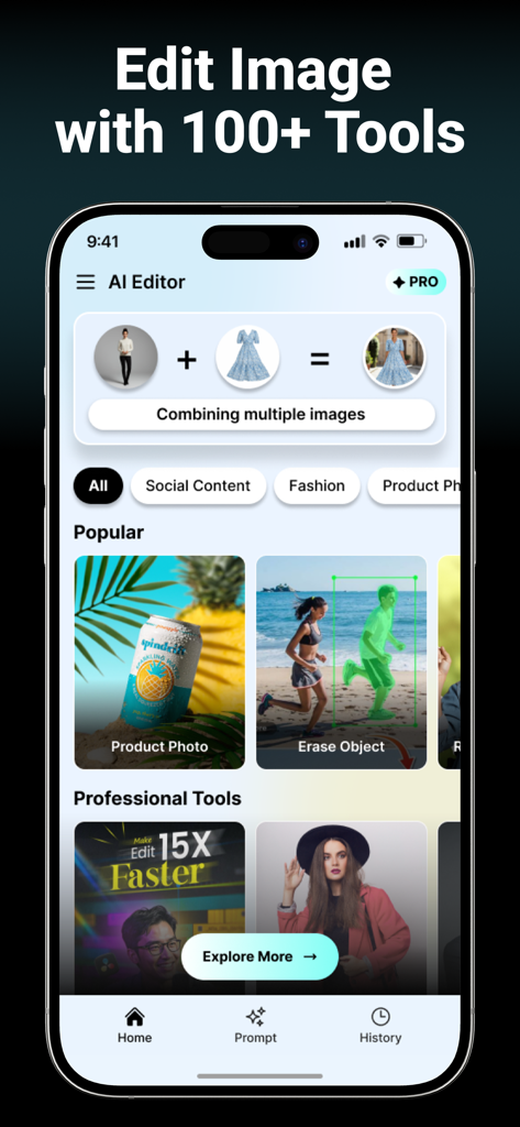 PaintIt AI: AI Image Generator - Interfaz de la aplicación PaintIt AI mostrando varias herramientas de edición y generación de imágenes IA