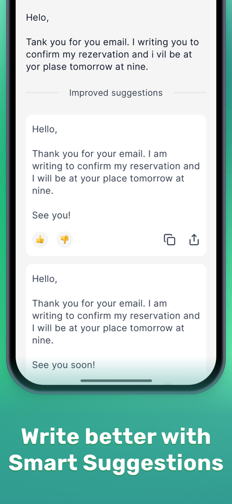 Interface of the Grammar Check app showing an email with errors being corrected by several AI smart suggestions