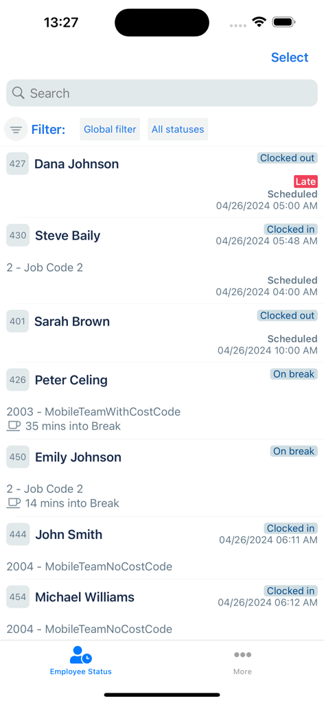 TimeClock Plus Manager - Employee attendance dashboard in the TimeClock Plus Manager app showing names and clock-in statuses.