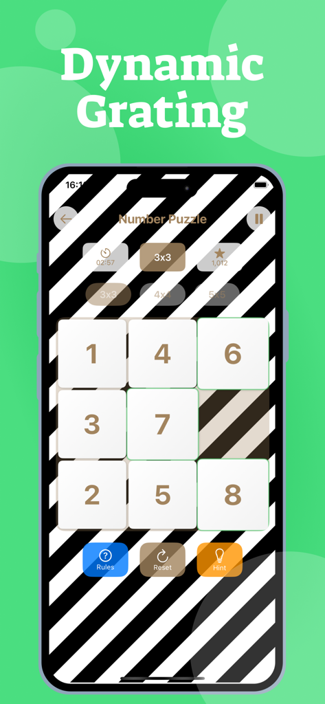 Lazy Eye & Amblyopia Exercise - Mobile app interface showing a number puzzle game with a black and white diagonal dynamic grating background for vision training.
