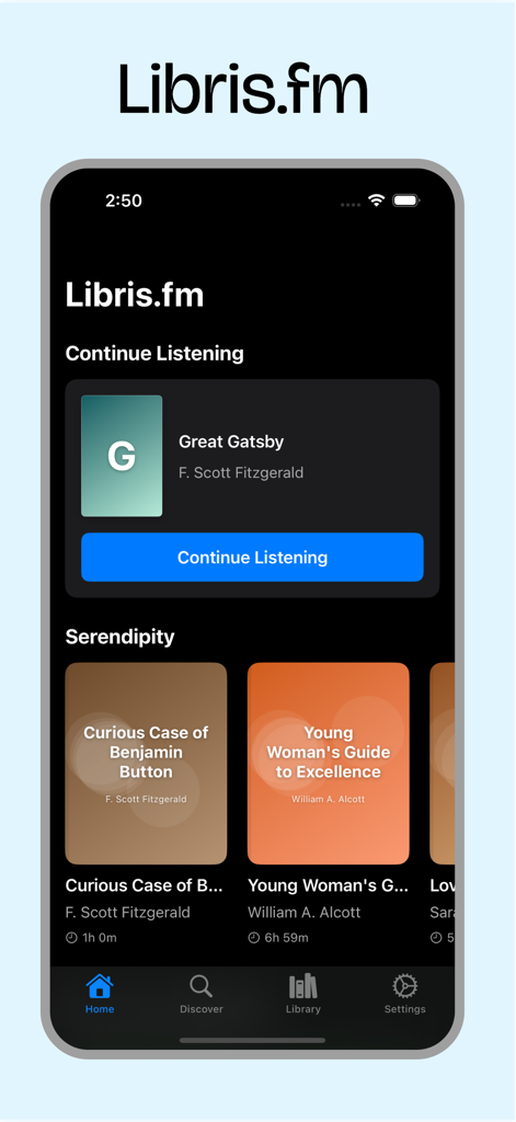 LibriVox! - Pantalla de inicio de la aplicación Libris.fm mostrando audiolibros clásicos y una sección para continuar escuchando El Gran Gatsby.