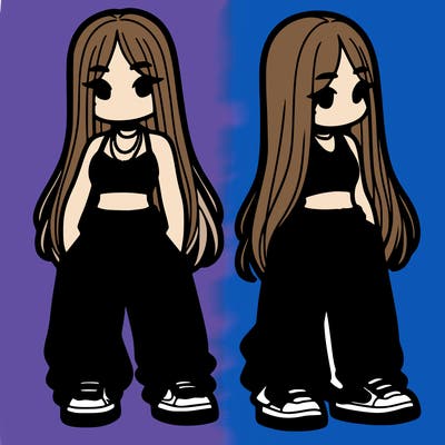 girl in baggy pants crop top and long hair