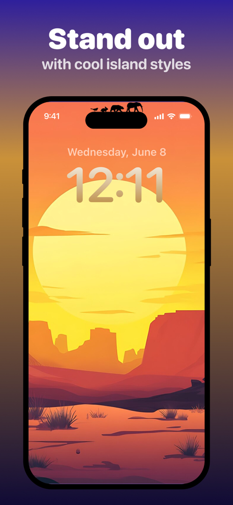 Dynamic Islandに動物のシルエットがある砂漠の夕焼けの壁紙が特徴のiPhoneロック画面