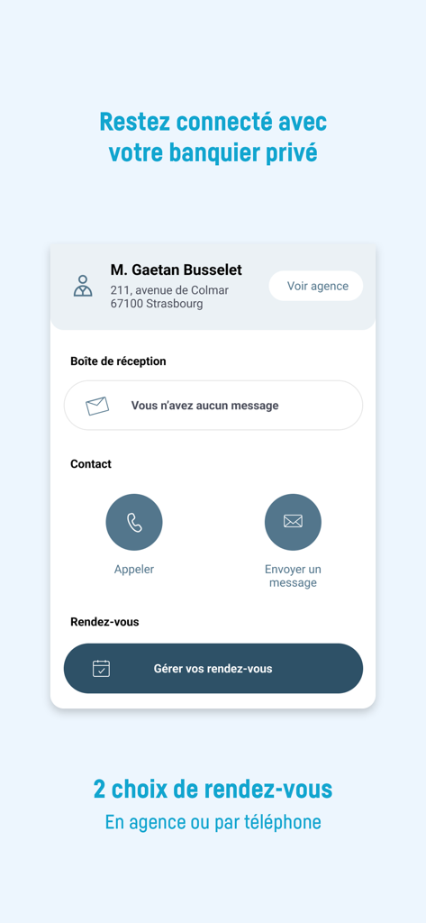 Banque Transatlantique mobile - Interface do aplicativo móvel Banque Transatlantique exibindo informações de contato e gerenciamento de compromissos com um private banker.