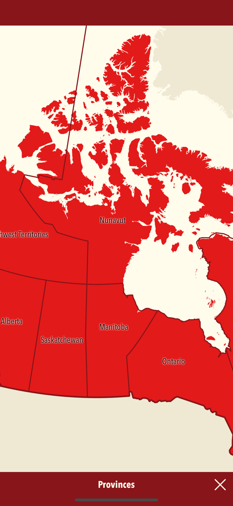Mapa educativo destacando provincias canadienses como Ontario y Manitoba en la aplicación Mapas de Nuestro Mundo.
