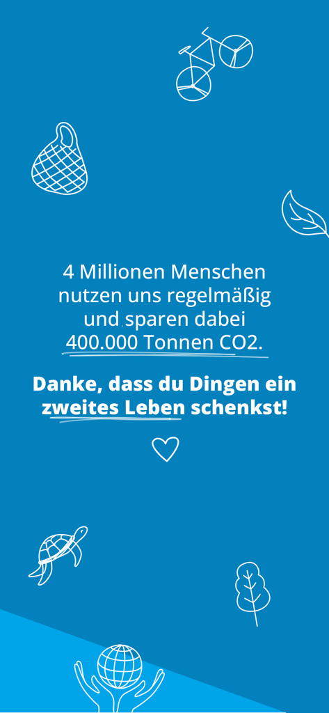 willhaben - A blue screen showing environmental impact statistics for the willhaben app, stating that 4 million users save 400000 tons of CO2 by giving items a second life.