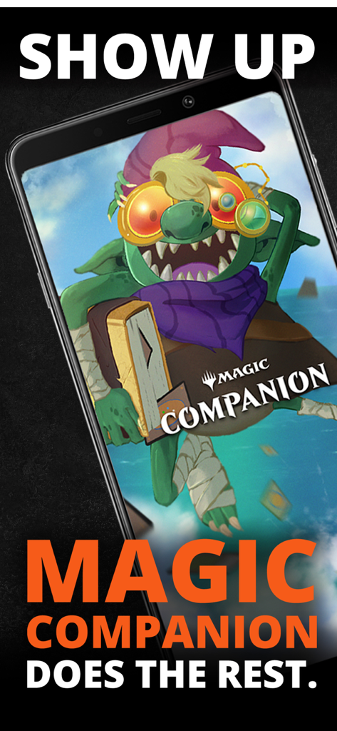 Écran promotionnel de l'application Magic The Gathering Companion présentant un personnage fantastique et le slogan Show Up