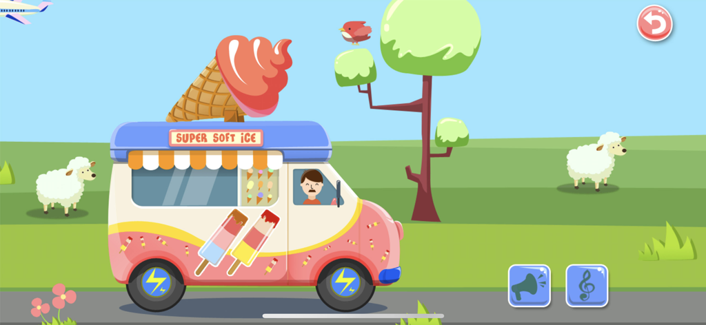 Ice Cream Truck: Dessert Sim - A colorful cartoon ice cream truck driving through a green field with sheep and trees.