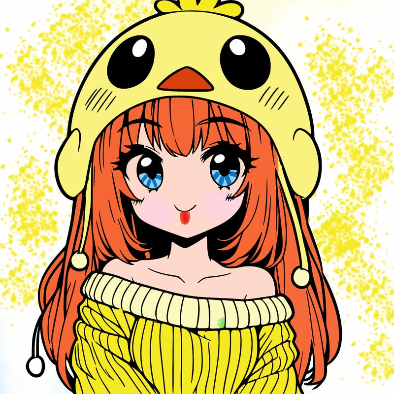 anime girl with chick shaped hat with sweater with bare shoulders with bangs covering them one eye with low tail
