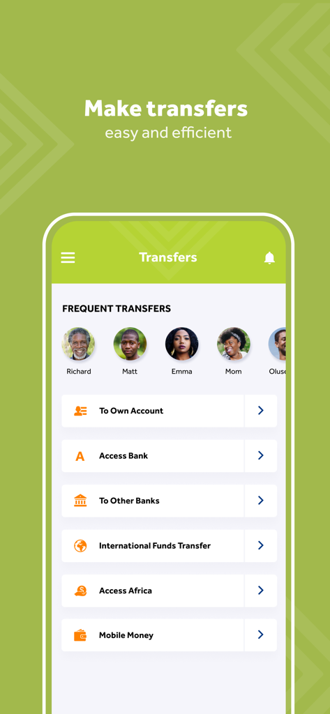 국제 자금 및 모바일 머니 옵션을 보여주는 Access Bank Ghana 앱 송금 화면