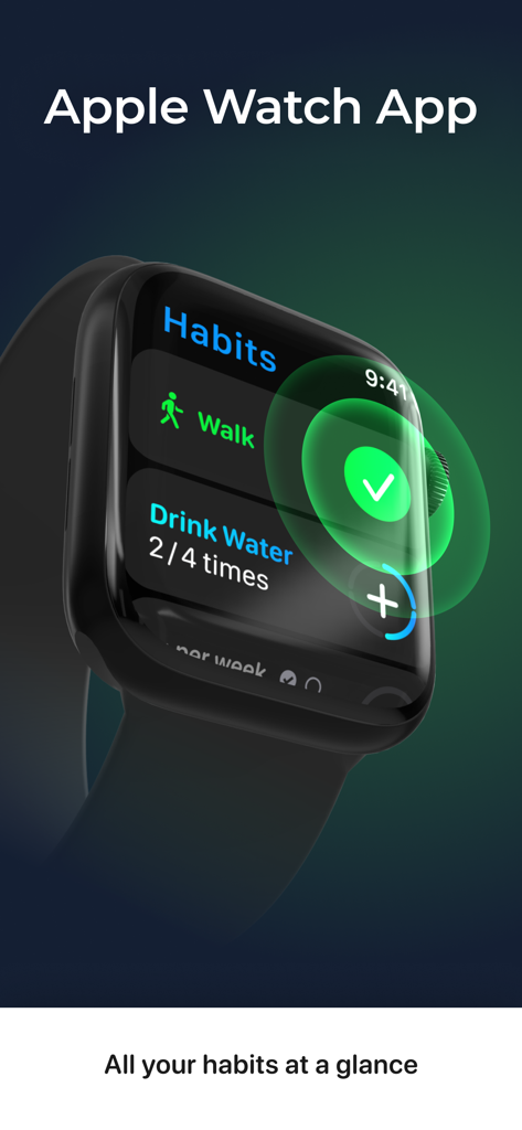 HabitApp: Habit Tracker - HabitApp interface on an Apple Watch showing daily habit tracking for walking and hydration