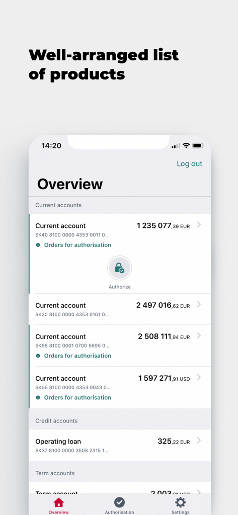 KB SKyline - Account overview screen in the KB SKyline corporate banking app showing current and credit accounts with balances