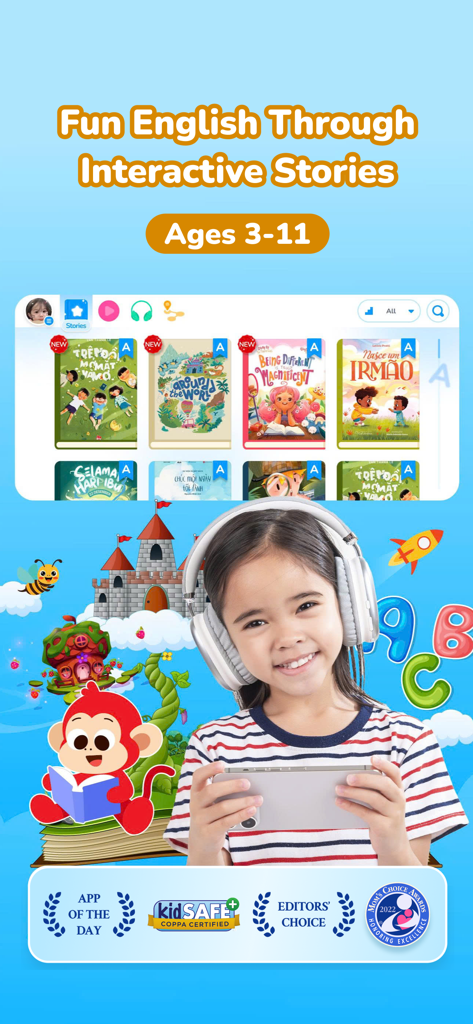 A young girl with headphones using the Monkey Stories app featuring interactive English books for kids aged 3 to 11