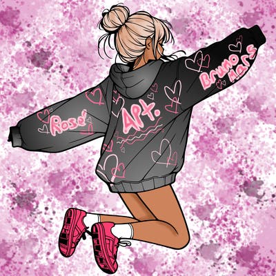 realistic girl jumping with a bun and oversized sweatshirt