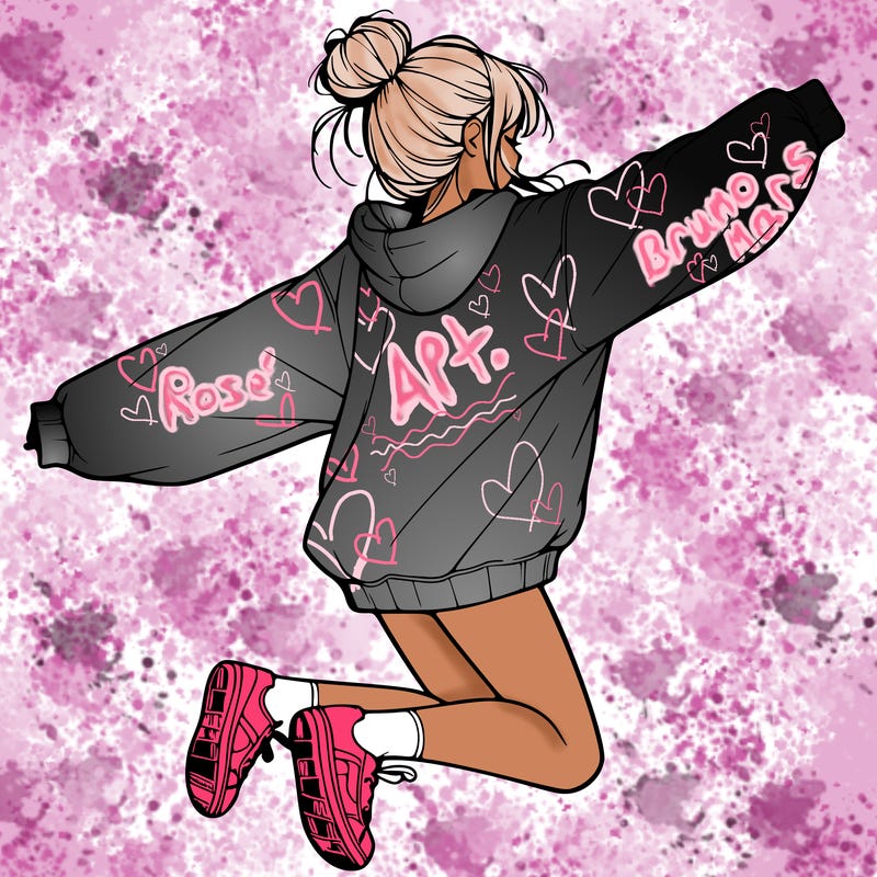 realistic girl jumping with a bun and oversized sweatshirt