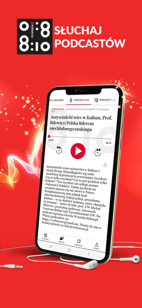 WYBORCZA: fakty, newsy, opinie - ポーランド語の再生ボタンとニュース記事の詳細が表示されたポッドキャストリスニングインターフェースを示すWyborczaアプリのスクリーンショット。