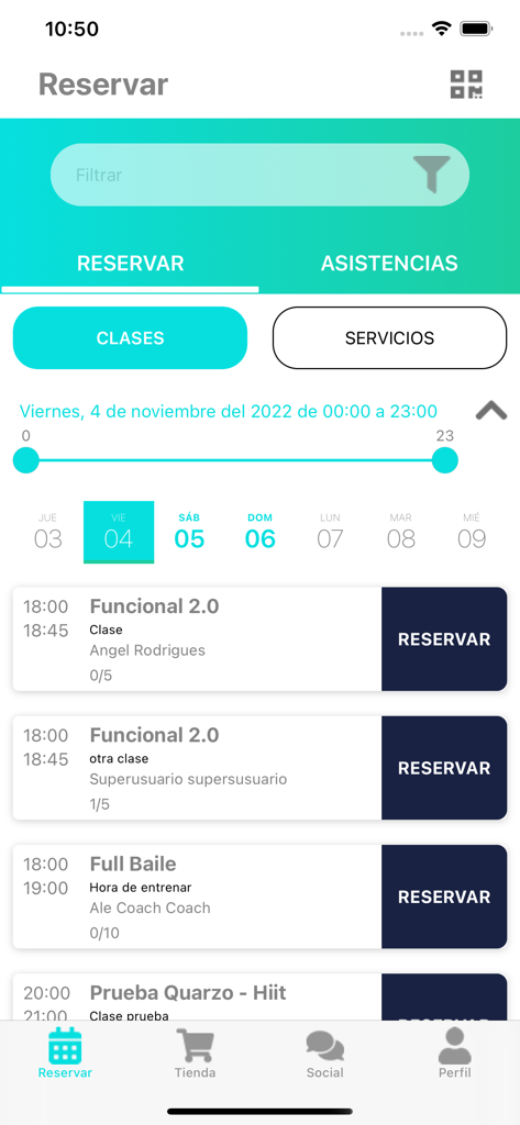 A mobile screen from the FITCO app showing a list of fitness classes with date selection and booking buttons.