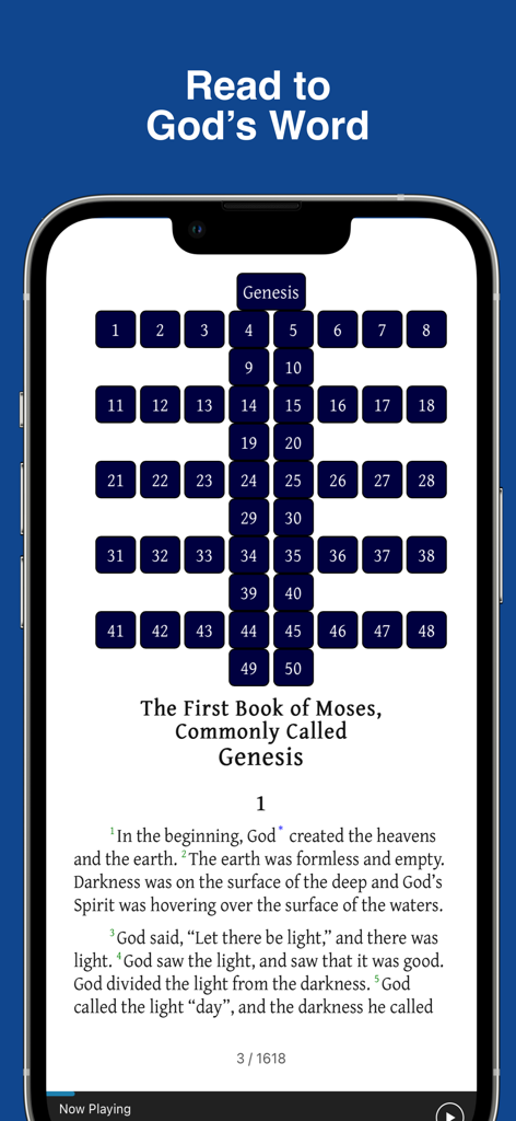 Bible: Read, Listen Holy Bible - A smartphone displaying the Holy Bible app reading interface with Genesis chapter one and navigation grid