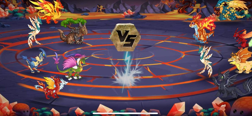 Dragon Village -A City Builder - A versus screen showing two teams of various dragons ready to fight in a battle arena.