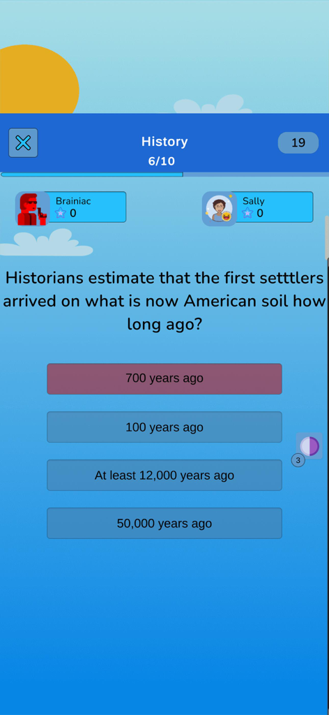 Écran de question de trivia sur l'histoire des États-Unis en mode multijoueur dans l'application Quiz de connaissances sur les États-Unis