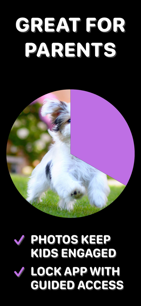 Una captura de pantalla de la aplicación de temporizador visual para padres que muestra la revelación de una foto de perro como cuenta regresiva y menciona la función de bloqueo de Guía de acceso