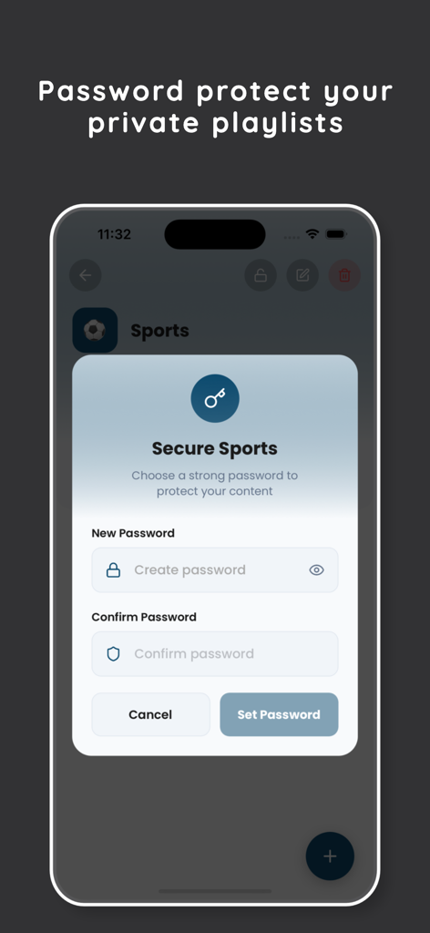 Darato Player - Interface of Darato Player showing how to secure a sports playlist with a password.