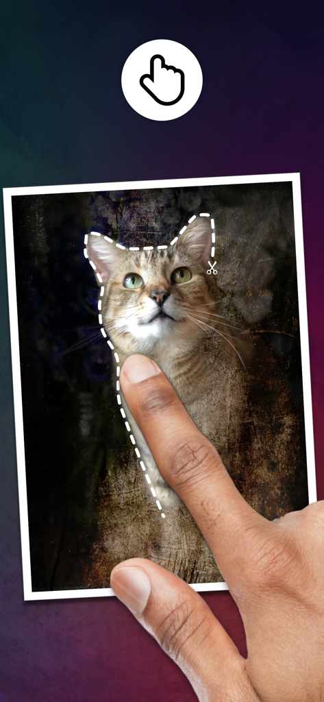 Distressed FX : Plus - A finger tracing a cutout around a cat in the Distressed FX Plus photo editor