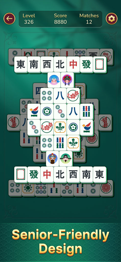 Jolly Mahjong - Jolly Mahjong game screen showing large easy to read tiles with senior friendly design text