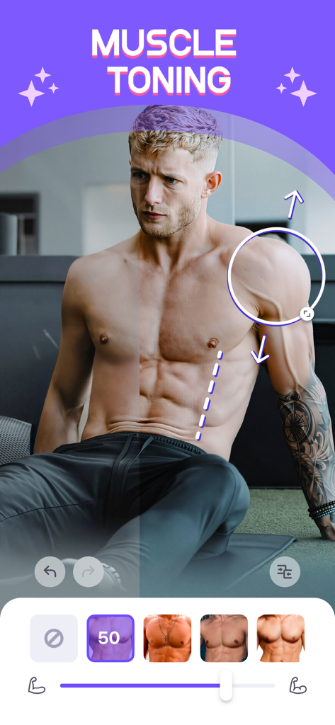 WOW Body - Best Body Editor - Mobile app interface demonstrating muscle and abdominal definition enhancement on a photo of a man.