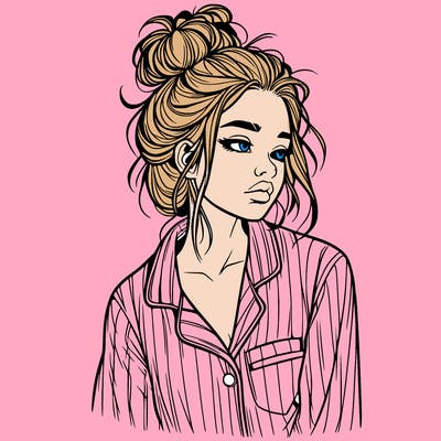realistic woman with pajamas on and a messy bun