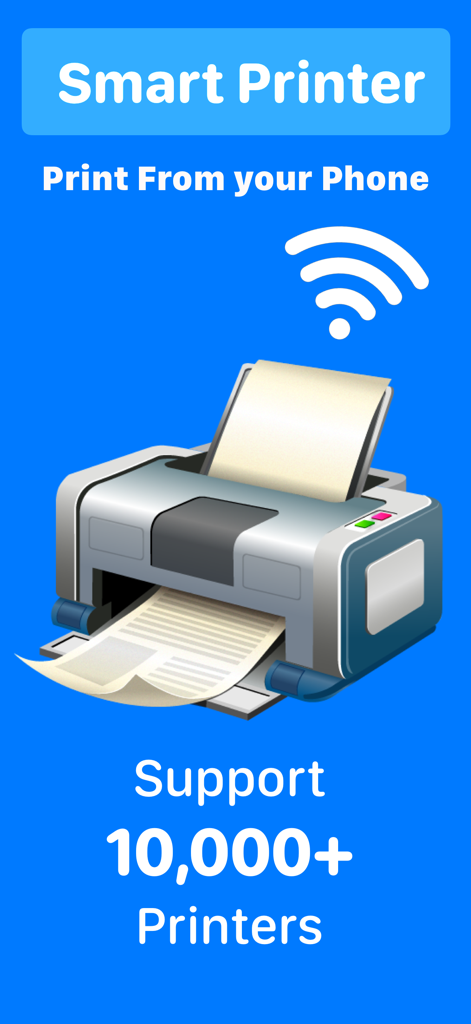 Smart Printer App Promotion-Bildschirm, der mobiles Drucken vom Telefon mit Unterstützung für über 10.000 Drucker zeigt