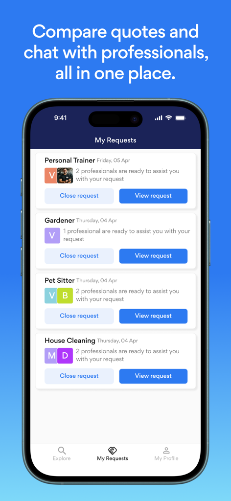Bark: Great pros, found fast - Barkアプリのマイリクエスト画面。パーソナルトレーナー、庭師、ペットシッター、家事代行の見積もりを表示。