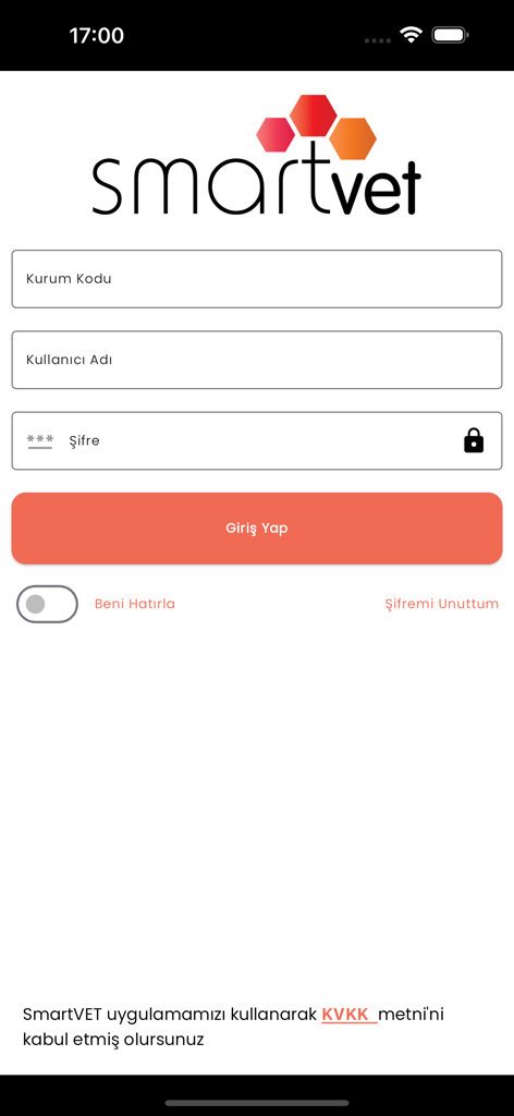 SmartVET mobile app login interface showing institution code username and password fields