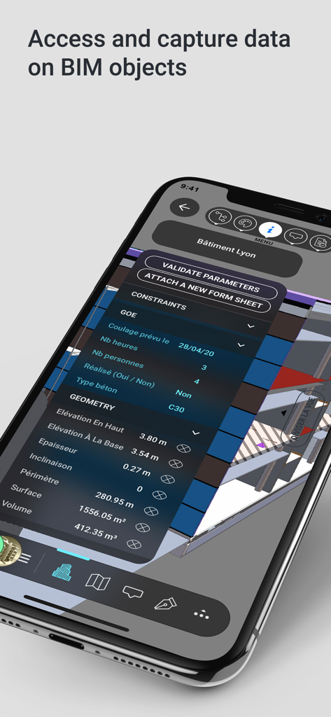 Kairnial - Application mobile Kairnial affichant les données d'objets BIM 3D et les paramètres techniques sur l'écran d'un smartphone