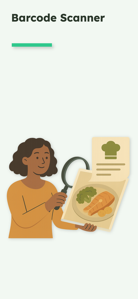 Pantry Check - An illustration of a woman using a magnifying glass to check kitchen inventory for the Pantry Check app barcode scanner feature