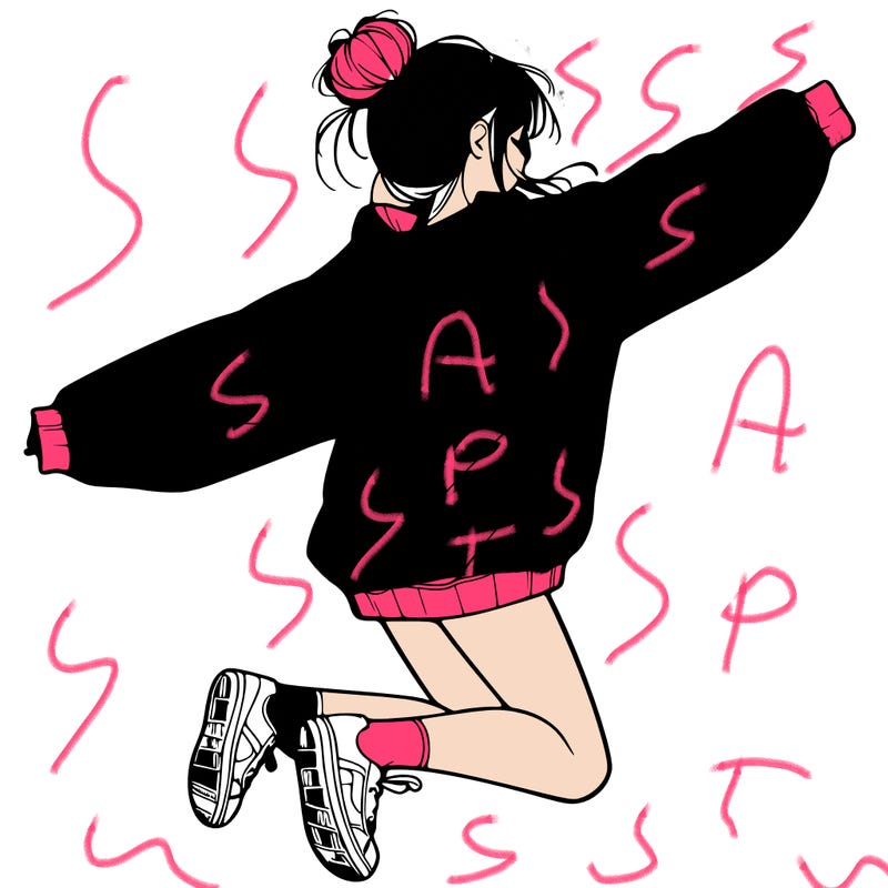 realistic girl jumping with a bun and oversized sweatshirt