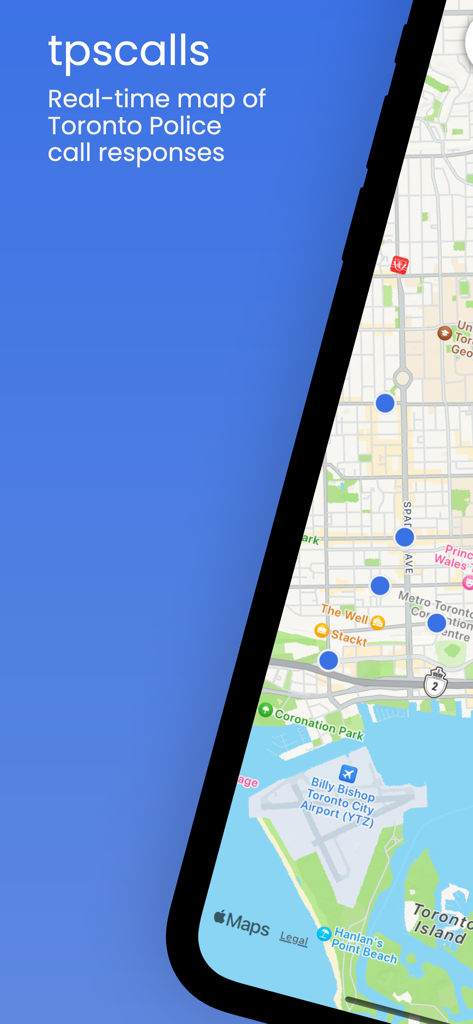 tpscalls - tpscalls app interface showing a real time map of Toronto Police call responses
