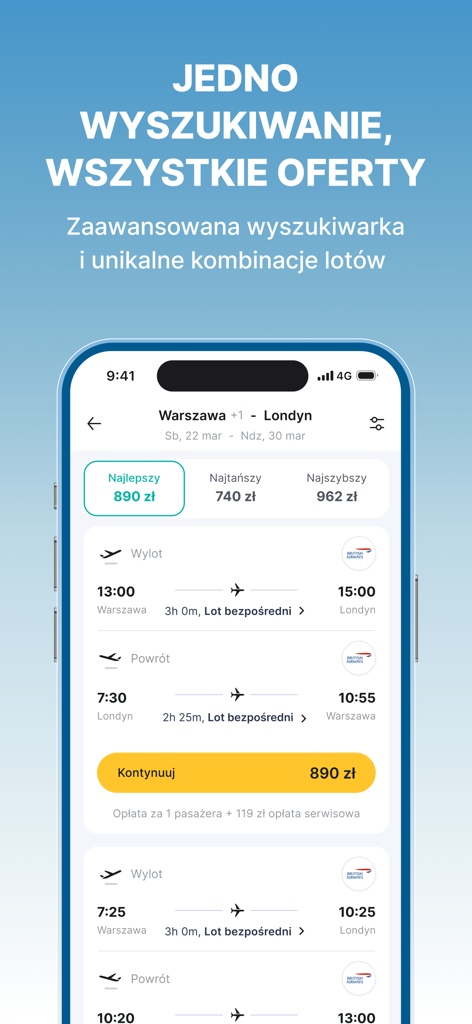 FRU mobile app displaying flight search results and pricing for a trip from Warsaw to London