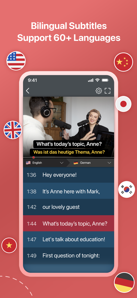Écran de l'application BiliTube montrant des sous-titres doubles anglais et allemands sur une vidéo YouTube
