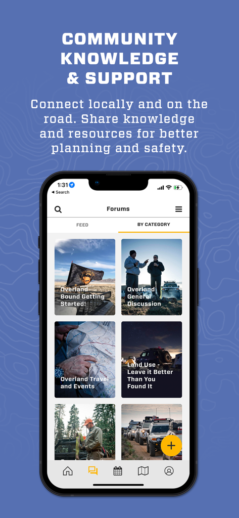 Overland Bound One: Maps & GPS - Overland Bound One app showing community forums for offroad adventure planning and support.