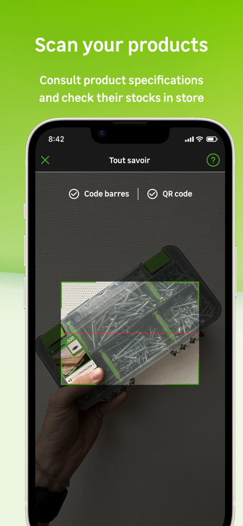 Mobile app interface of Leroy Merlin scanning a product barcode for specifications and stock information