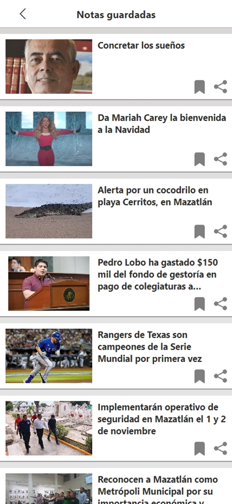 Interfaz de la aplicación Noroeste mostrando una lista de artículos de noticias guardados con titulares y miniaturas.