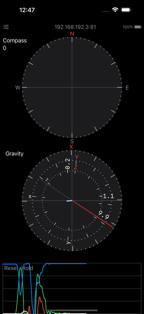 Interface of the IoT sensors app displaying a compass, gravity sensor orientation, and a real-time data graph.