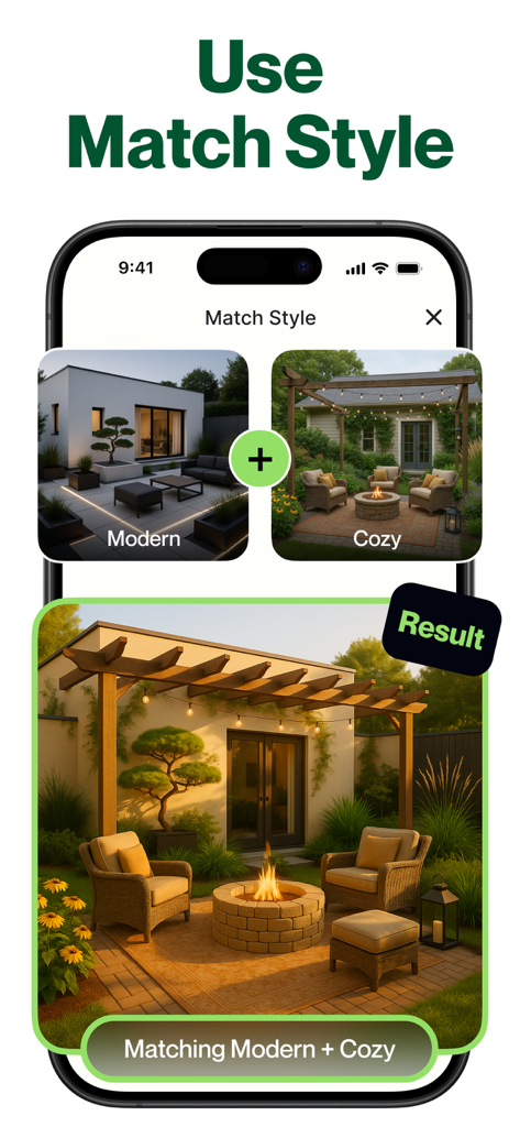 AI Garden Design app showing the Match Style feature blending modern and cozy landscape designs.