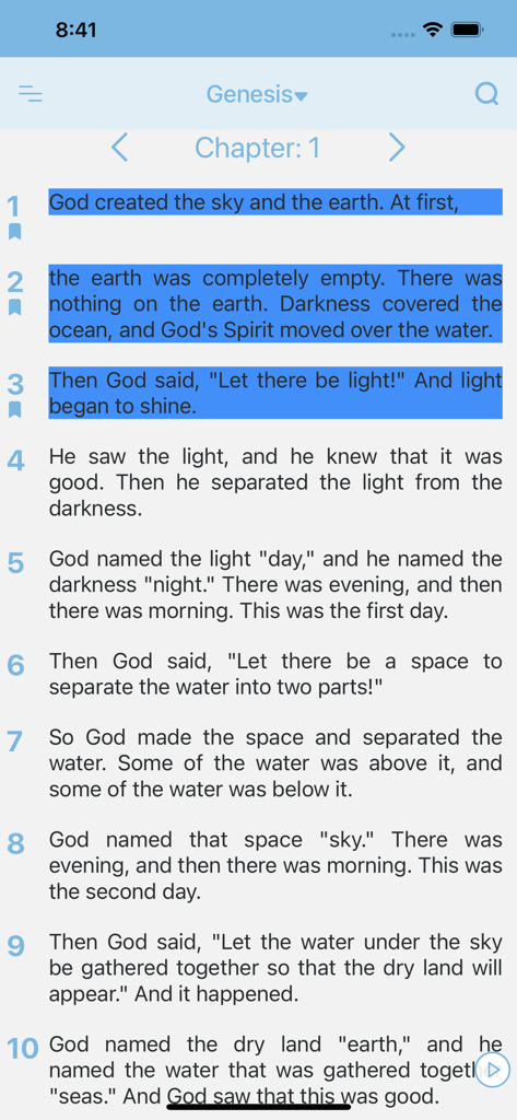 Easy-to-Read Version Bible ERV - Vista de lectura del Capítulo 1 del Génesis en la aplicación Biblia ERV con versículos resaltados