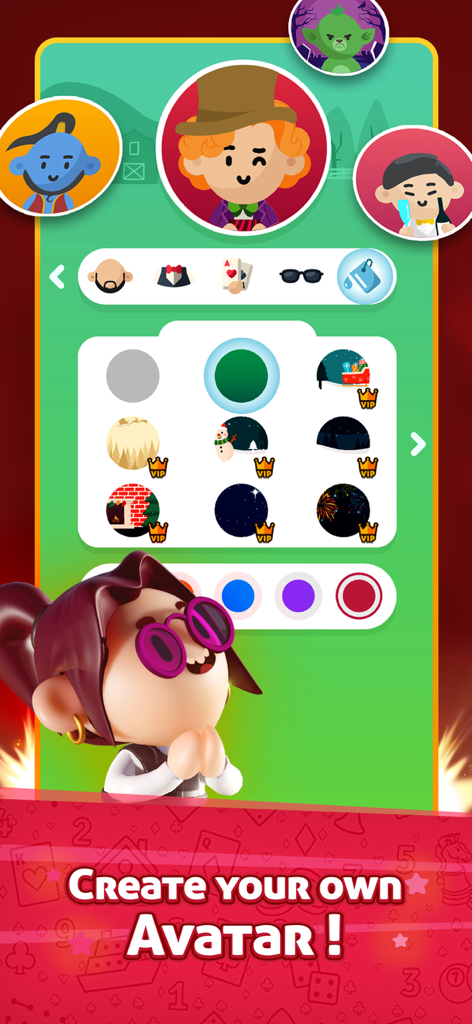 Interface for creating a custom avatar in the Solitaire GameVelvet mobile card game.